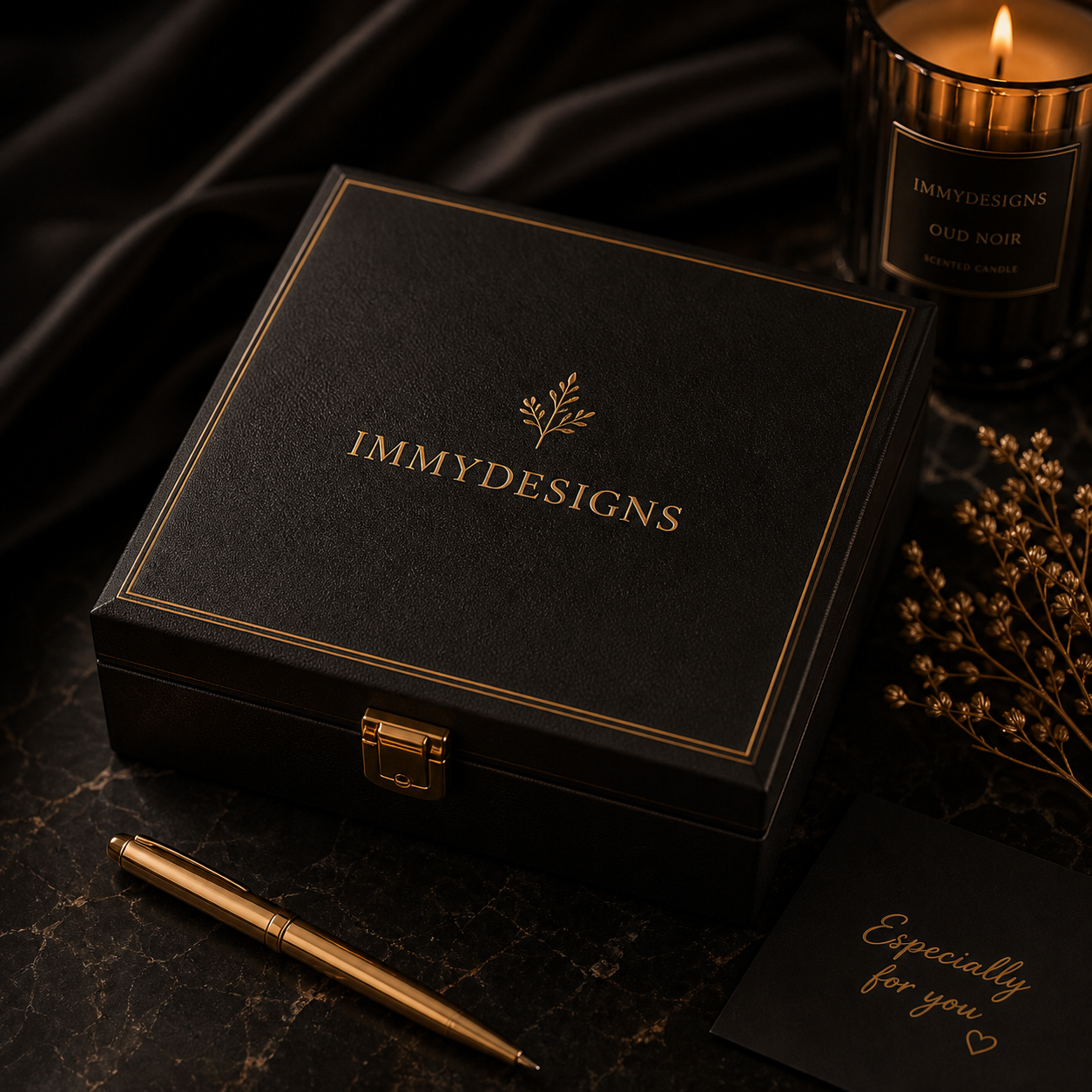 Svart keepsake-box med gulddetaljer och personlig känsla